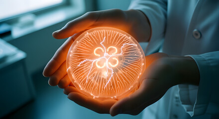 Scientist Holding Glowing Bioluminescent Jellyfish in Laboratory