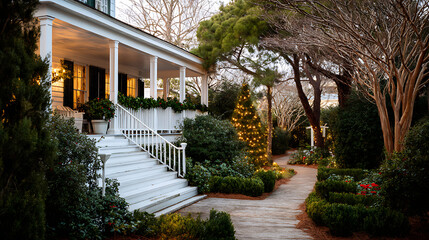 Fototapeta premium Winter Southern Garden With Camellia, Pine, Porch, Holly, Warm Lights, Peaceful