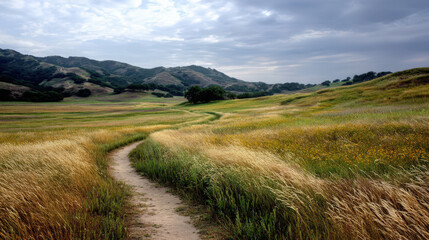 Winding path through lush green fields rural landscape nature photography serene environment horizontal view tranquility