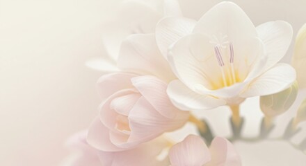 Obraz premium Close up of delicate white freesia flower as a symbol of elegance. Floral beauty background with copy space.