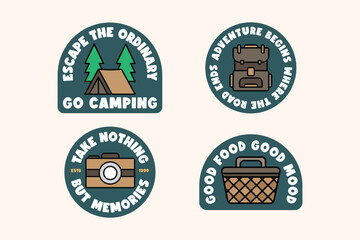 Camping Adventure Badge Set. Outdoor Adventure and Travel Quote Stickers