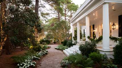 Naklejka premium Winter Southern Garden With Camellia, Pine, Porch, Holly, Warm Lights, Peaceful