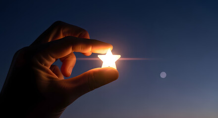 Hand Holding Bright Star Against Night Sky with Moon in Background