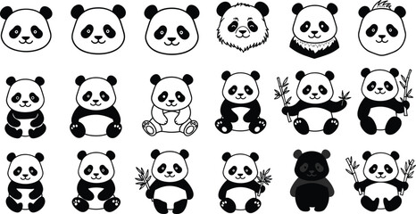 Obraz premium Cute panda illustration set, cartoon panda faces and poses, baby panda with bamboo, vector animal drawings for kids and design