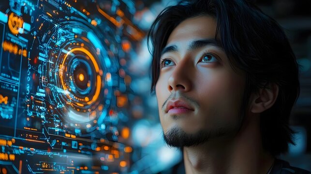 Focused Asian engineer examining a futuristic digital interface