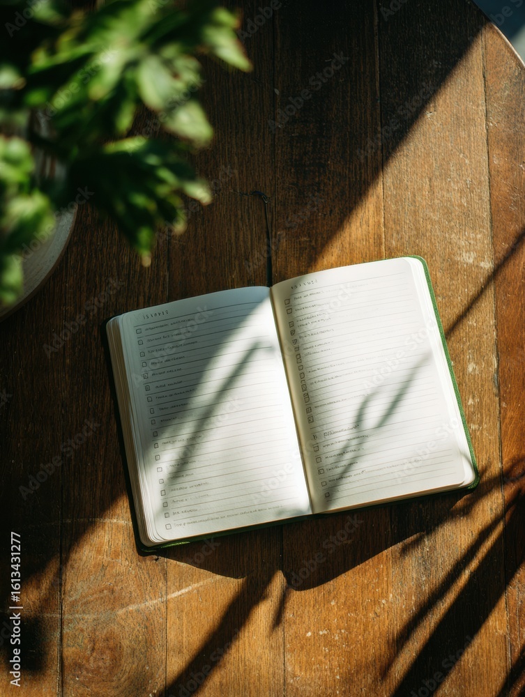 Poster notebook open with checklist for personal growth under soft sunlight in a cozy room surrounded by gr