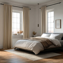 Beige curtain white wall cozy bedroom modern bed wooden floor soft blanket natural light minimal decor peaceful mood
