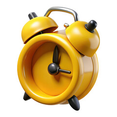 Yellow alarm clock with silver handle isolated on a transparent background black hands