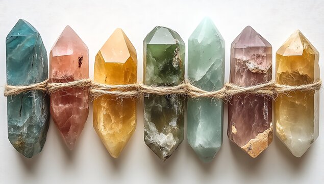 A spectrum of healing crystals tied with twine, showcasing their natural beauty and vibrant colors