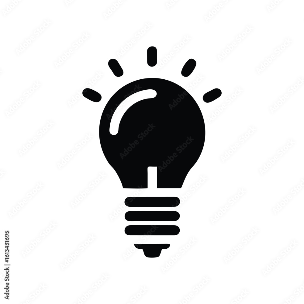 Poster vector art of a black lightbulb with rays of light shining from it isolated on white background