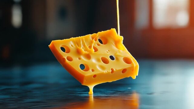 Cheese with Holes on Reflective Surface with Dripping Yellow Liquid Close Up
