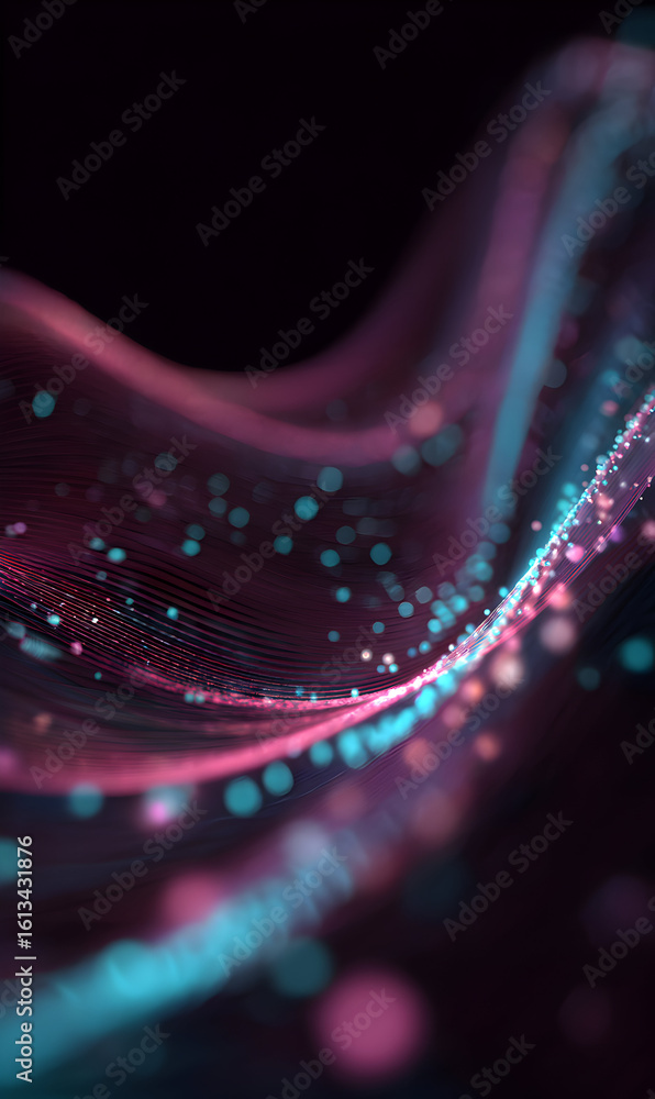 Poster abstract flowing data streams visual background featuring sparkling light dots and vibrant pink and 