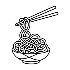 Black and white outline illustration of a bowl of noodles with chopsticks. Asian cuisine concept for coloring pages, packaging, and food-related design.