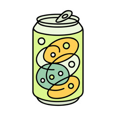 Colorful cartoon illustration of a soda can with abstract bubbles and shapes. Soft drink and refreshment concept for packaging, menu, and beverage branding.