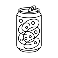 Black and white outline illustration of a soda can with abstract bubble design. Soft drink and refreshment concept for coloring pages, labels, and packaging.