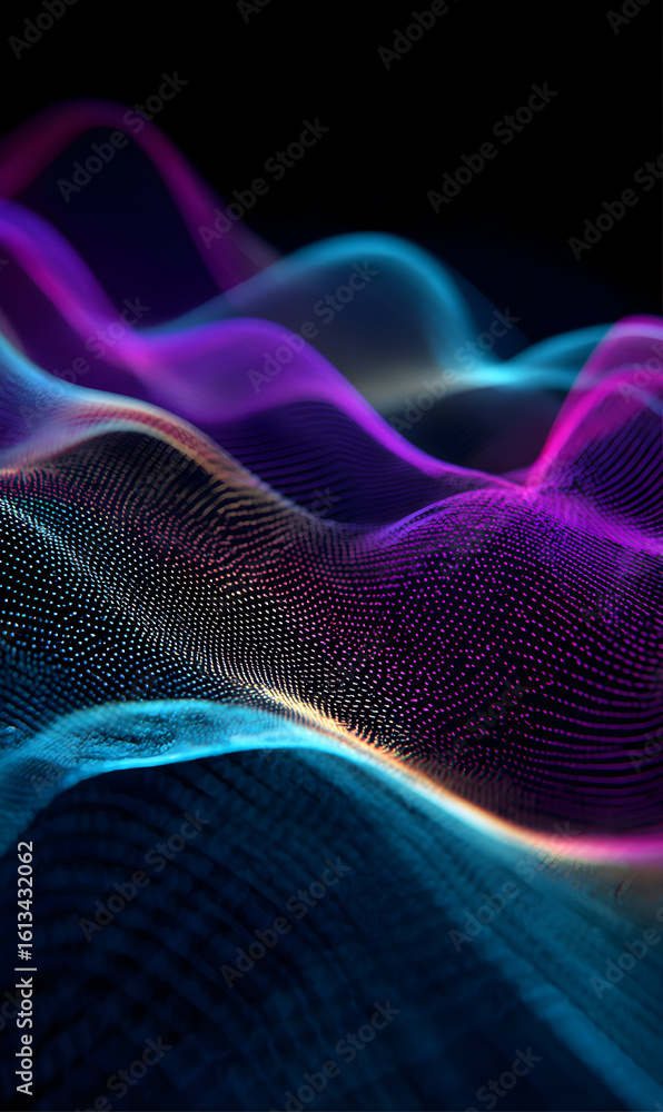 Poster abstract dark background with flowing waves of vibrant color and glowing lights perfect for modern t