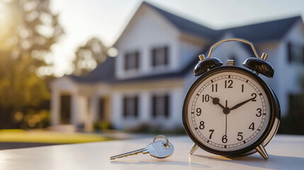 Keychain House with key on the table with alarm clock near blue wall background. Last minute deals. Real estate, insurance concept, mortgage.