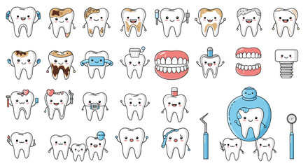Collection of cute cartoon teeth illustrations featuring different expressions and dental hygiene themes