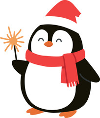 Cute cartoon penguin in red scarf and Christmas hat holding a sparkler on white background. Adorable festive winter animal character for New Year and Christmas greeting card design.