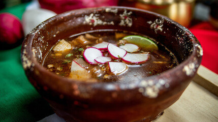 A steaming bowl of pozole soup garnished with radish and lime, set on a rustic wooden table with blurred patriotic colors.