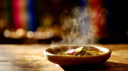A steaming bowl of pozole soup garnished with radish and lime, set on a rustic wooden table with blurred patriotic colors.