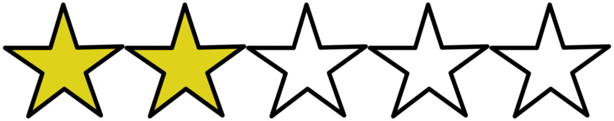2 Star Rating Icon – Minimalist 5 Star Review Graphic with Two Yellow Stars, Simple Vector Feedback Symbol for Review System, Customer Rating, UX UI Design, and Evaluation Interface Element