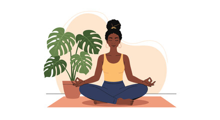 Serene woman meditating gracefully embracing tranquility and inner peace through mindful breathing exercises and calmness practices while seated on a yoga mat next to a lush houseplant