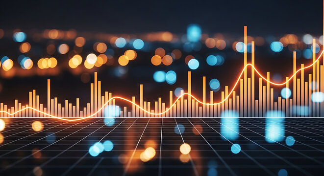 A glowing orange line graph charting financial growth against a blurred city skyline at night, symbolizing economic progress and data visualization. - Powered by Adobe