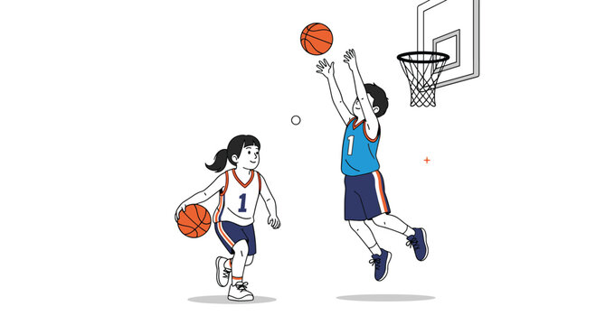 Two young children are playing a lively game of basketball on a court during the daytime