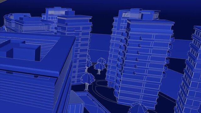 Animation of a Generic Apartment Complex, Seamless Looped Animation, linework, 3d blueprint