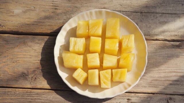 Overhead Shot of Juicy Pineapple Cubes on Plate over  Wooden Table