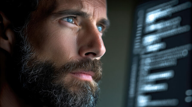 Close up man face computer screen code focused expression beard blue eyes adult technology software developer office