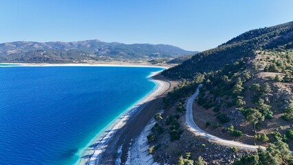 Blue lake scenery. River, trees, sky. Lake in Turkey High quality photo