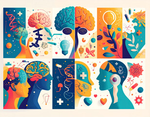 Abstract illustration blending neuroscience, mental health, and science symbolism. Features colorful brains, DNA strands, pills, profiles, plants, and light bulbs arranged in interconnected sections