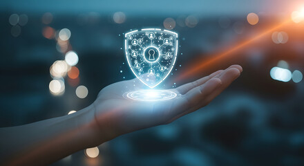 Digital Security Shield Hovering Above Hand in Futuristic Technology Scene