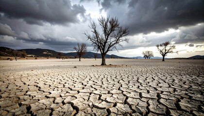 Dry cracked earth under dramatic sky