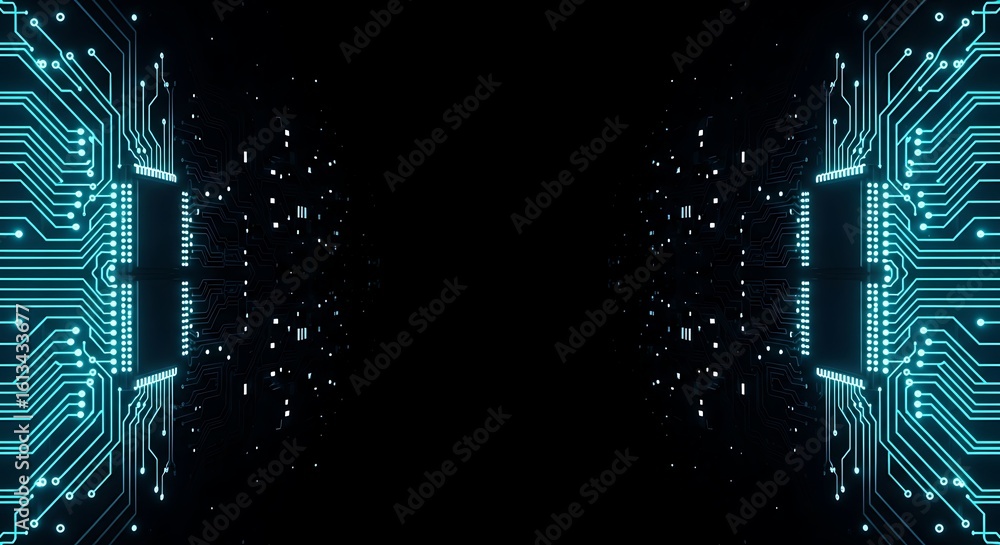 Poster futuristic digital technology background with glowing blue circuit boards and data stream in cybersp