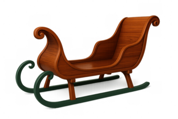 Christmas wooden sleigh with green runners on a transparent background, perfect for festive designs