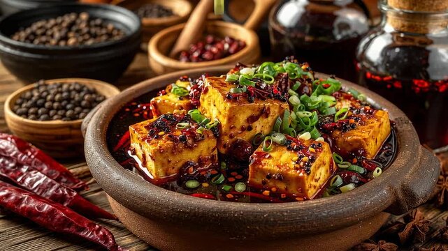 Sichuan-style spicy mapo tofu served in a traditional clay pot garnished with green onions and chili oils