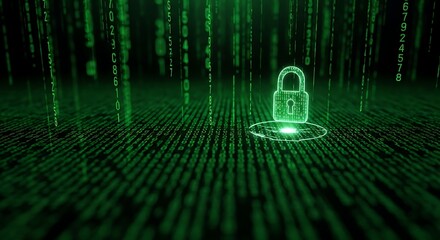 Cybersecurity concept with a glowing green padlock on a digital code background representing data protection and online privacy.