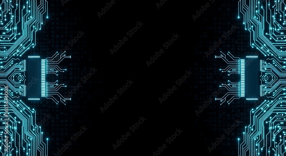 Poster symmetrical glowing blue circuit board frame on a black background representing digital innovation a