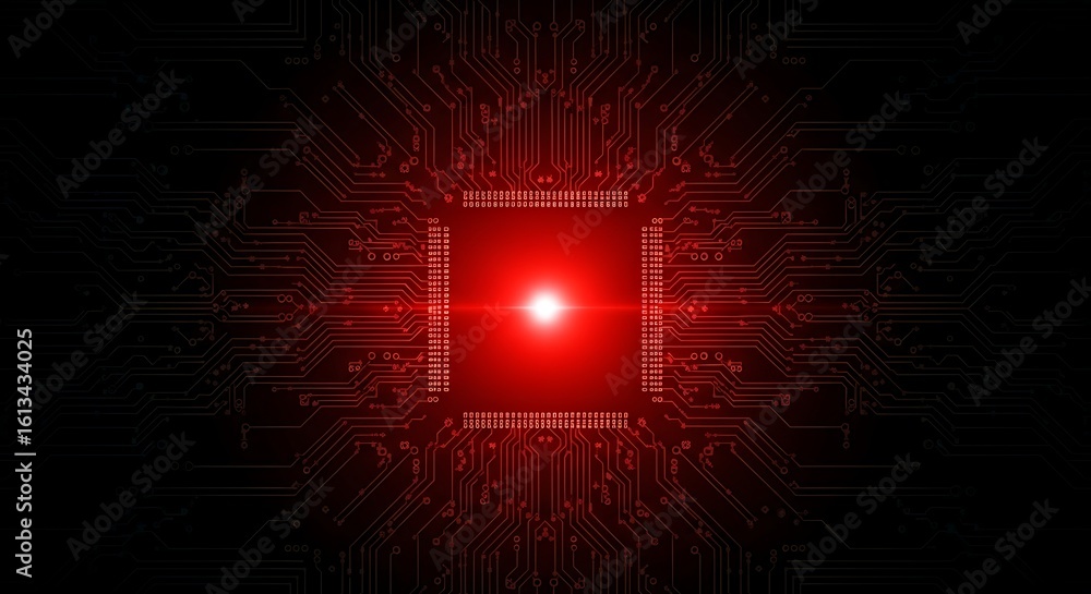 Poster central processing unit with a glowing red core, symbolizing artificial intelligence, surveillance, 