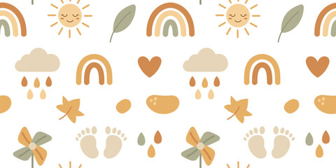 Seamless boho baby pattern with rainbows suns and flowers in warm neutral colors