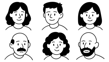 Doodle portraits of diverse people with calm smiles and different hairstyles isolated on white background
