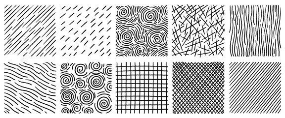 Abstract hand drawn crosshatch texture collection with scribbles swirls and scratch patterns