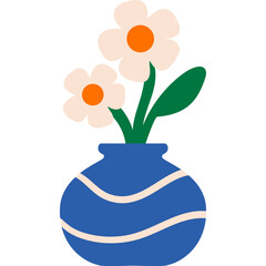 Blue vase with white wavy lines and white flowers flat floral illustration