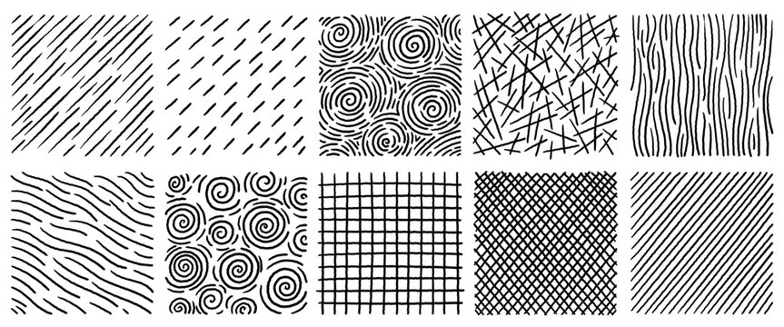 Abstract hand drawn crosshatch texture collection with scribbles swirls and scratch patterns