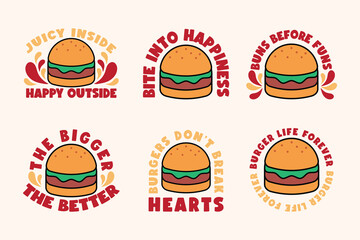 Fun Burger Quote Sticker Set. Colorful Typography Food Illustration Pack