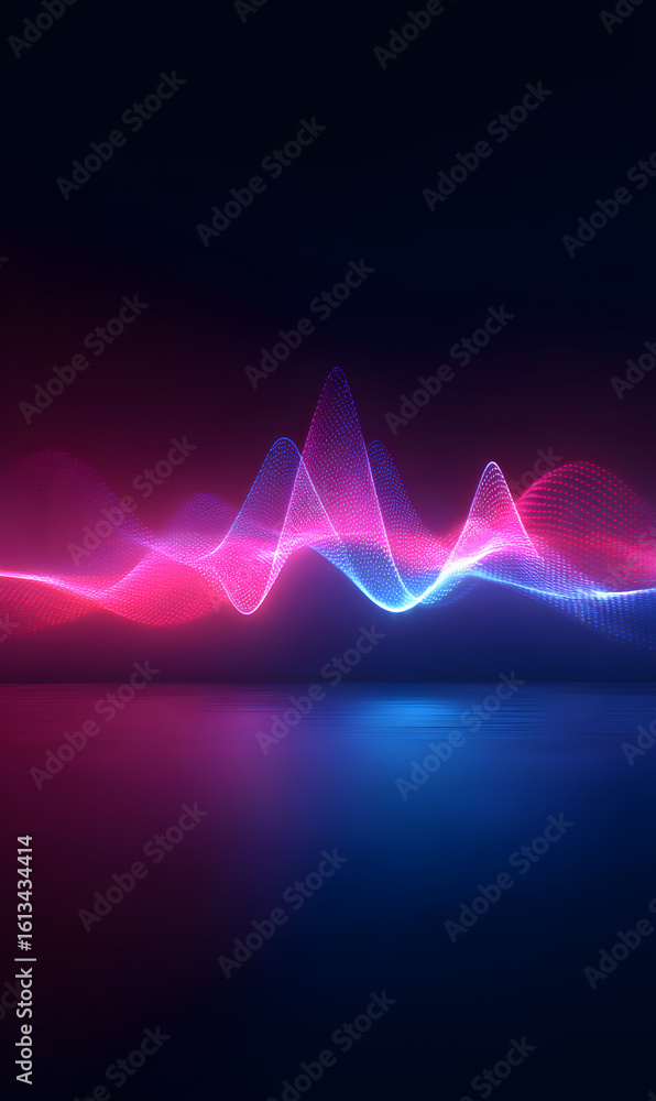 Poster vibrant audio wave background with dynamic pink and blue hues reflecting on a glossy surface modern 