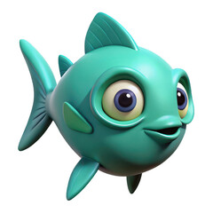 Cartoon teal fish with big eyes isolated on a transparent background aquatic marine